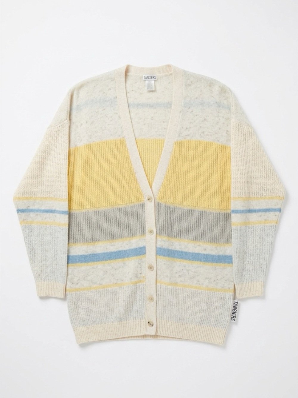 Cream V-Neck Cardigan with Yellow & Blue Stripes